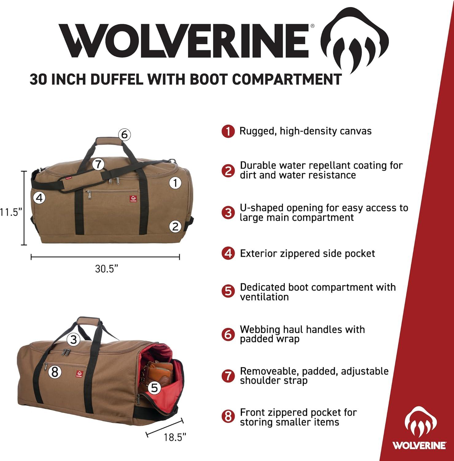 imageWOLVERINE 30quot Duffel with Boot Made from HighDensity Canvas 112L Capacity Main CompartmentBlack