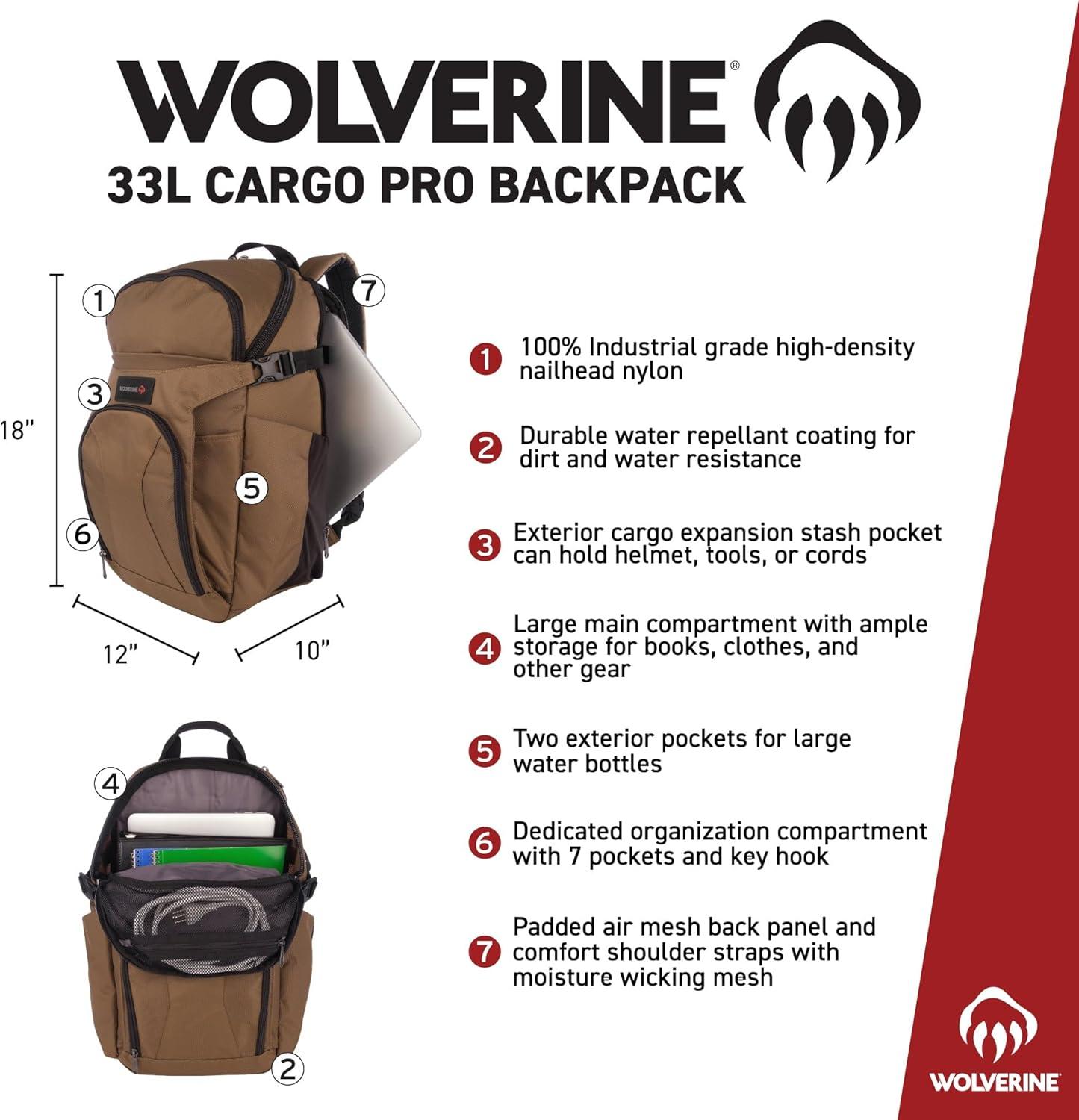 imageWOLVERINE 33L Backpack with Large Main Laptop Compartment and Cooling Straps Cargo ProBlackCargo Pro Chestnut