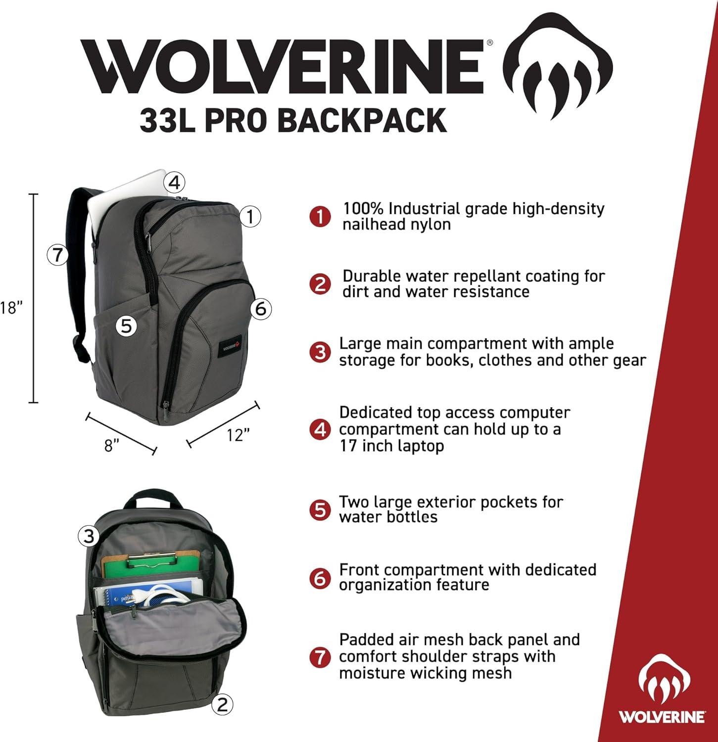 imageWOLVERINE 33L Backpack with Large Main Laptop Compartment and Cooling Straps Cargo ProBlackPro Chestnut