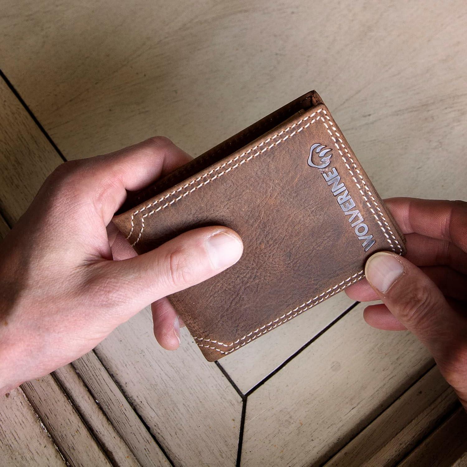 imageWOLVERINE Mens CanvasLeather Bifold Wallet RFID Protection ID Window Card Slots Bill Pocket Durable Leather CanvasRancher BrownLeather