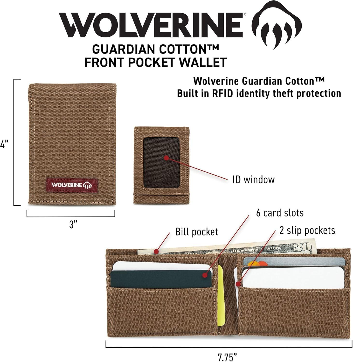 imageWOLVERINE Mens Slim Wallet Card Case Money Clip RFID Protection ID Window Rugged Leather CanvasGuardian Cotton Chestnut