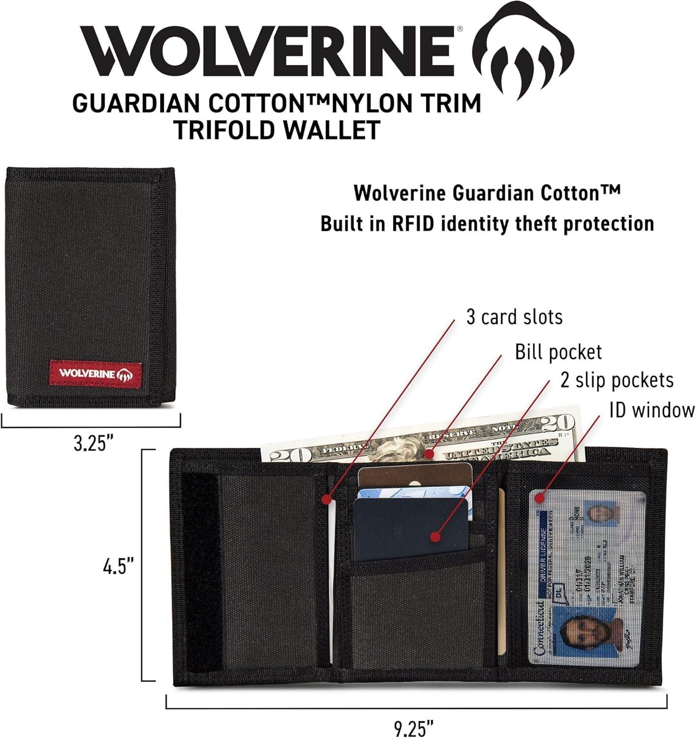 imageWolverine Mens Bifold Wallet RFID Protection ID Window Card Slots Bill Pocket Durable Leather CanvasDurashocks BlackBrown