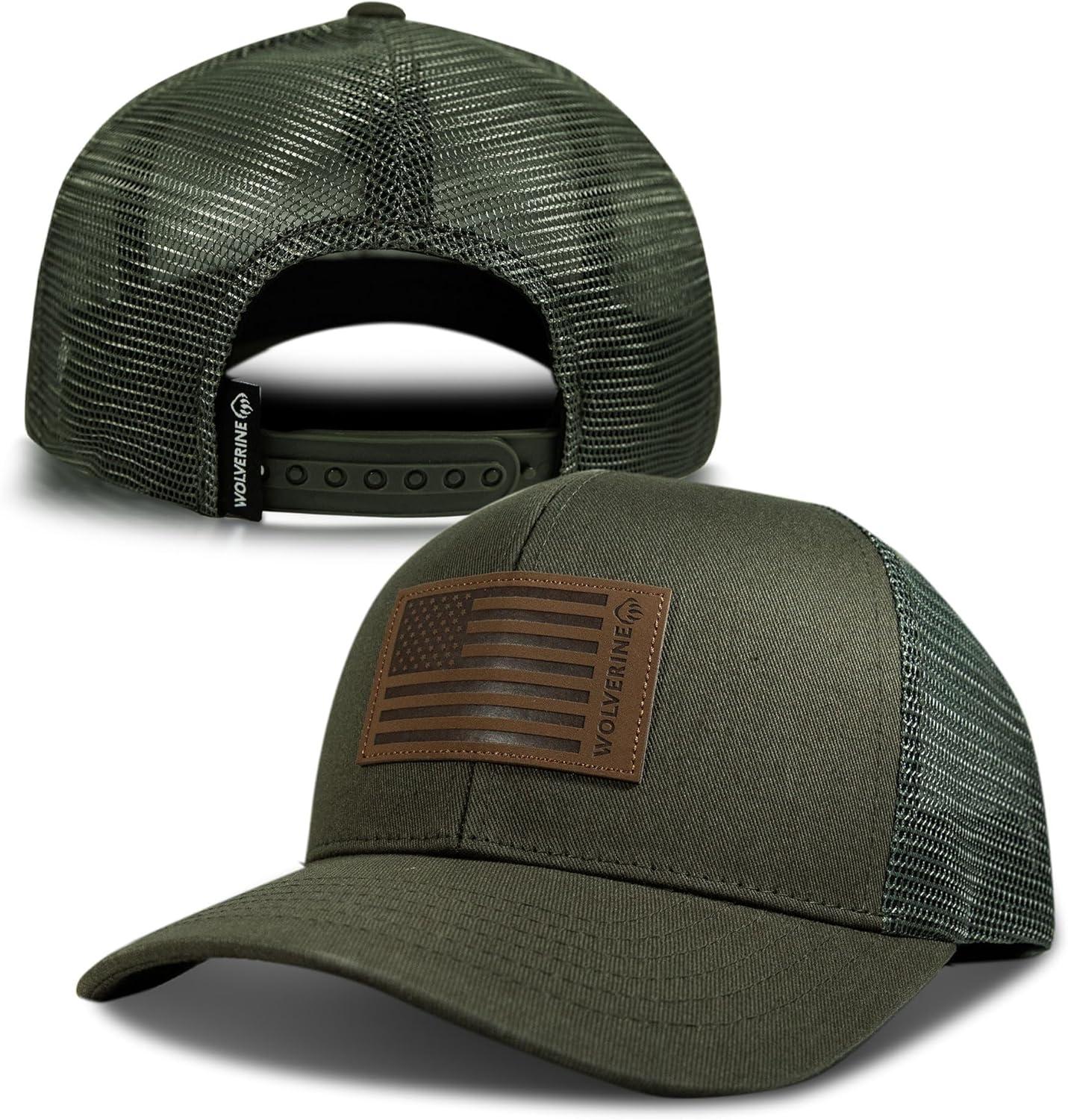 imageWolverine UnisexAdult Trucker Hat Snap Back Baseball Cap for Men and Women One Size Fits MostAmerican Flag Leather Patch Olive