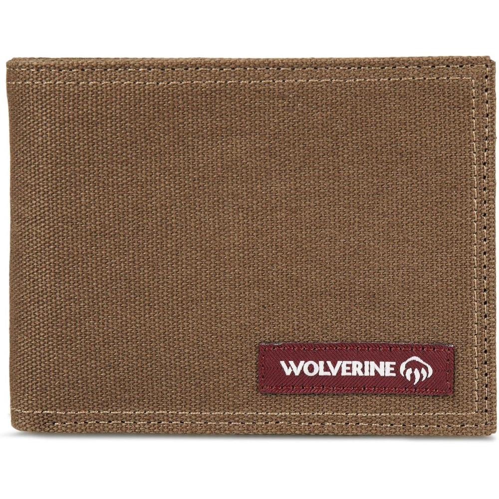 imageWOLVERINE Mens CanvasLeather Bifold Wallet RFID Protection ID Window Card Slots Bill Pocket Durable Leather CanvasGuardian Cotton Chestnut