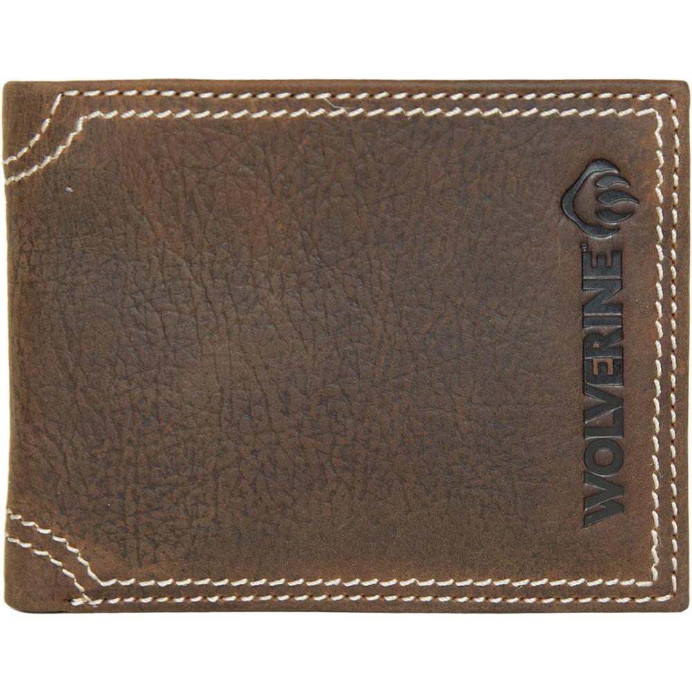 imageWOLVERINE Mens CanvasLeather Bifold Wallet RFID Protection ID Window Card Slots Bill Pocket Durable Leather CanvasRancher BrownLeather