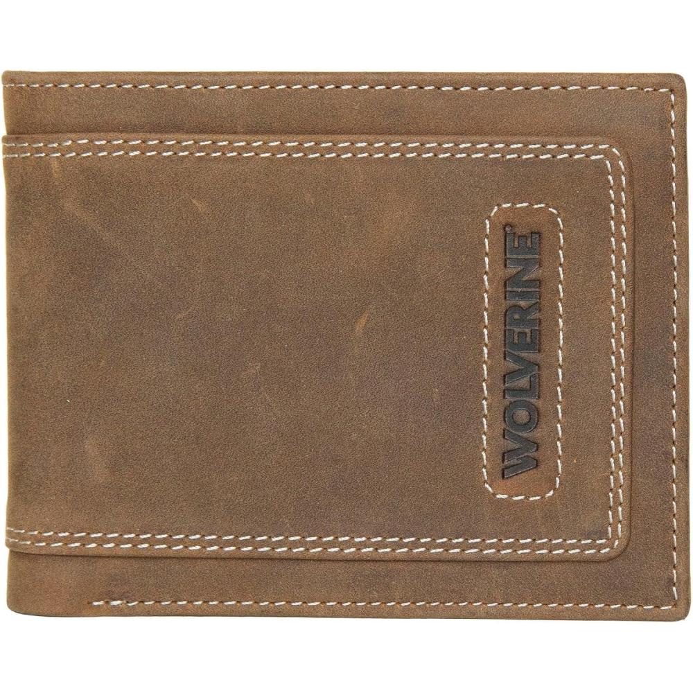 imageWOLVERINE Mens CanvasLeather Bifold Wallet RFID Protection ID Window Card Slots Bill Pocket Durable Leather CanvasRigger Brown