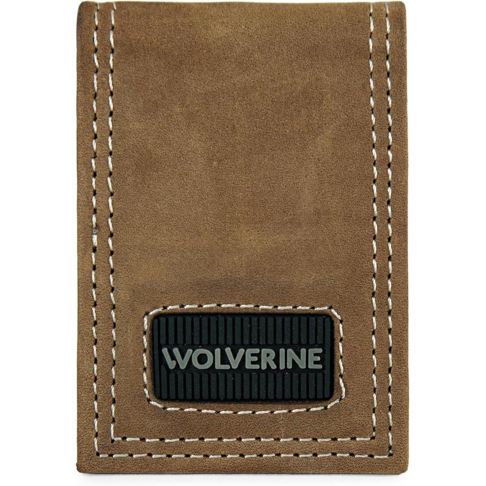 imageWOLVERINE Mens Slim Wallet Card Case Money Clip RFID Protection ID Window Rugged Leather CanvasRugged Brown