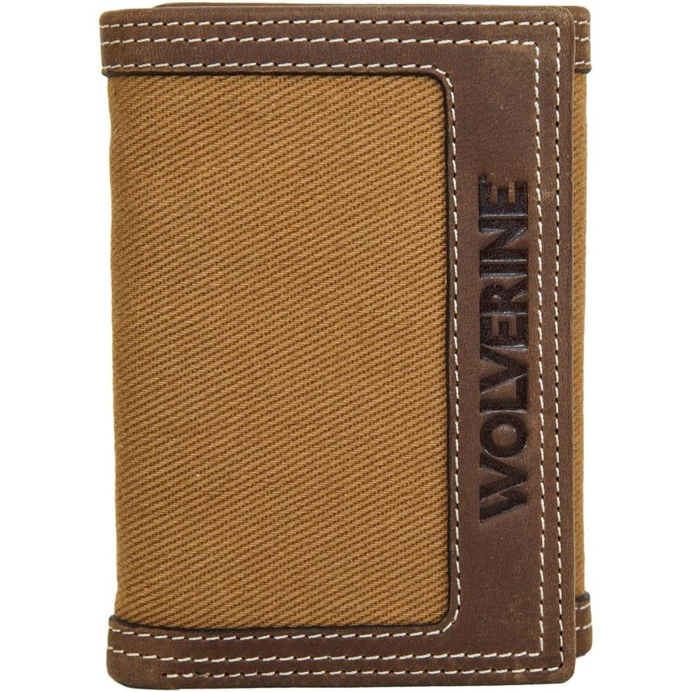 imageWolverine Mens Bifold Wallet  RFID Protection  ID Window  Card Slots  Bill Pocket  Durable  Leather  CanvasCanvasLeather  BrownChestnut