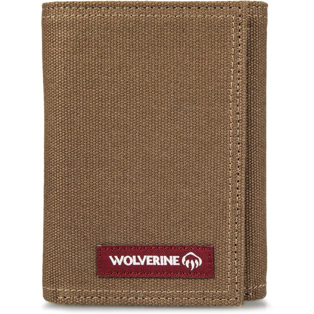 imageWolverine Mens Bifold Wallet  RFID Protection  ID Window  Card Slots  Bill Pocket  Durable  Leather  CanvasGuardian Cotton  Chestnut