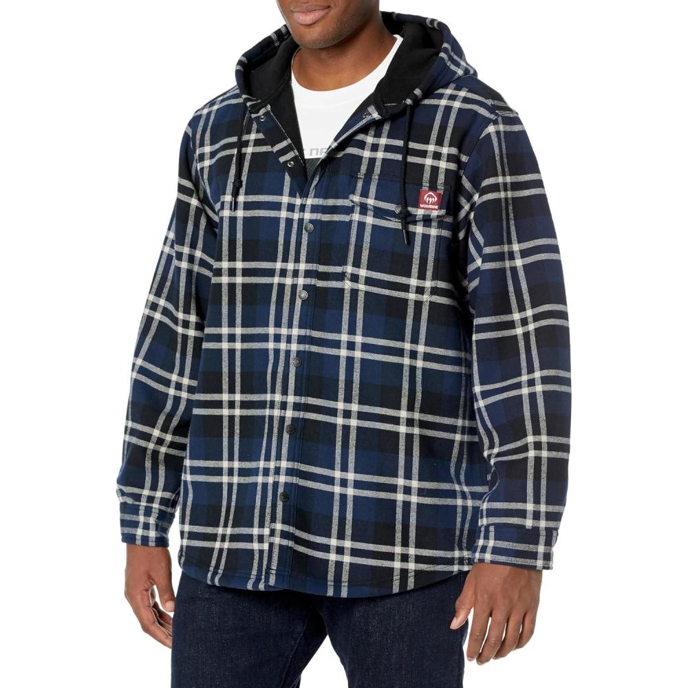 imageWolverine Mens Bucksaw Hooded Flannel Shirt JacNew Navy Plaid