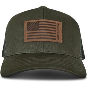 Wolverine Unisex-Adult Trucker Hat Snap Back Baseball Cap for Men and Women, One Size Fits Most(American Flag Leather Patch – Olive)