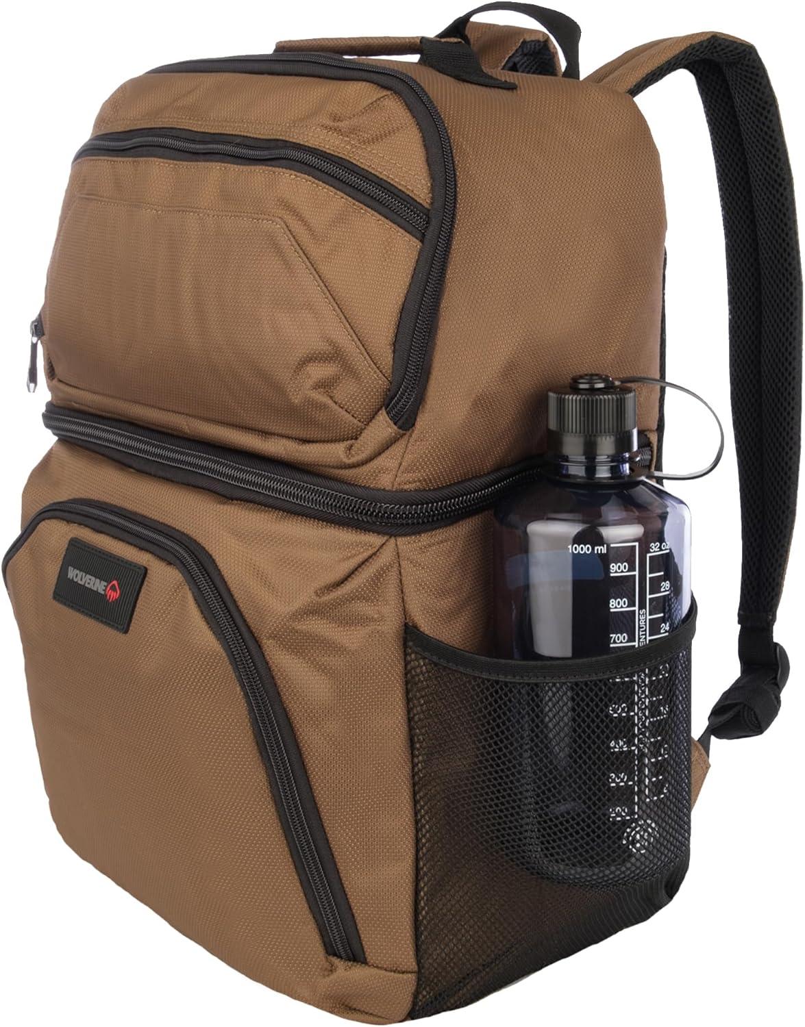 imageWolverine 36 Can Cooler Backpack with Durable Nailhead Nylon Dual Compartment Cooler ampamp Dry Storage Padded Mesh Back Panel ampamp Exterior Water Bottle PocketsChestnut