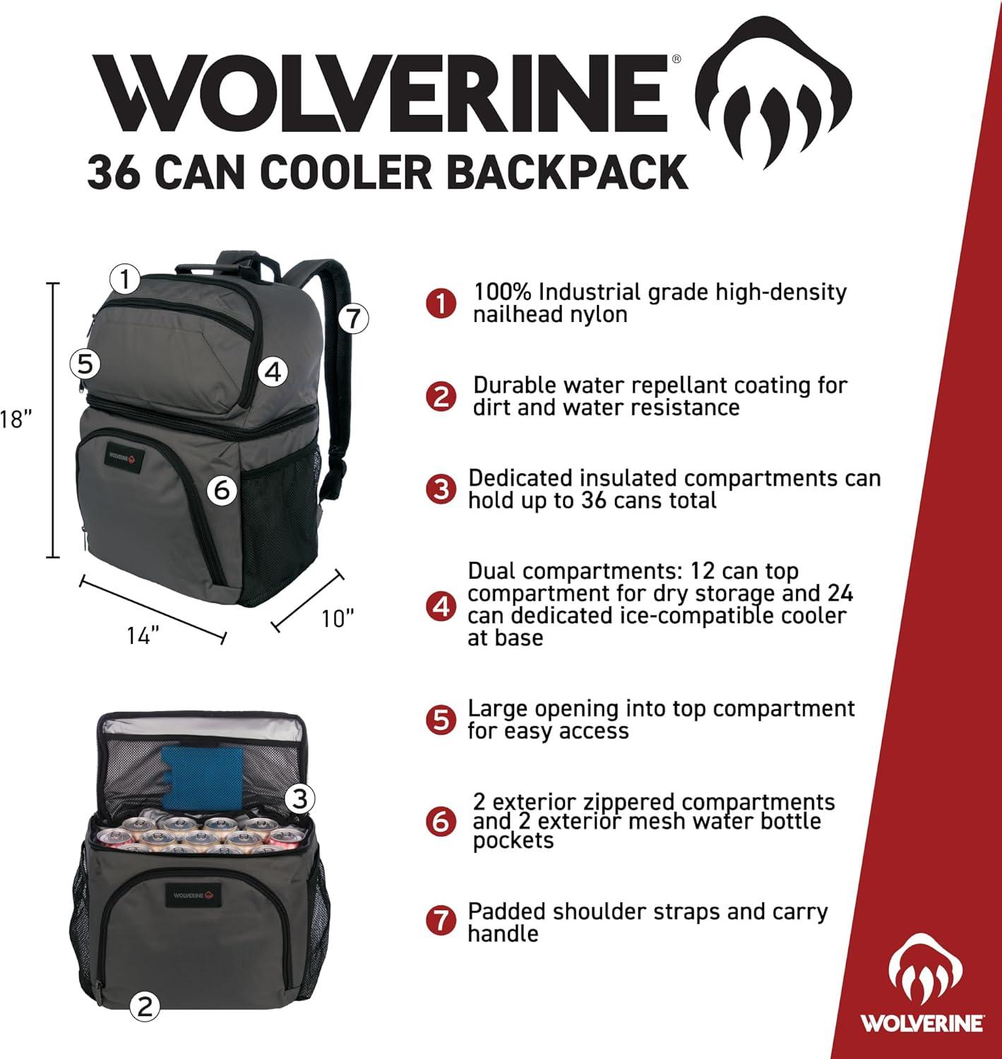 imageWolverine 36 Can Cooler Backpack with Durable Nailhead Nylon Dual Compartment Cooler ampamp Dry Storage Padded Mesh Back Panel ampamp Exterior Water Bottle PocketsChestnut