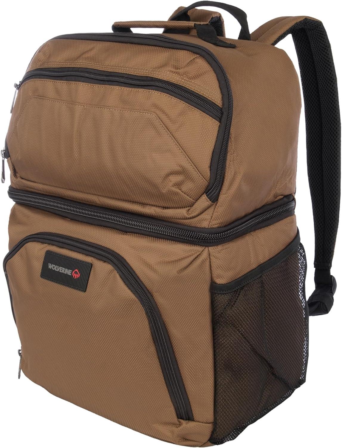 imageWolverine 36 Can Cooler Backpack with Durable Nailhead Nylon Dual Compartment Cooler ampamp Dry Storage Padded Mesh Back Panel ampamp Exterior Water Bottle PocketsChestnut