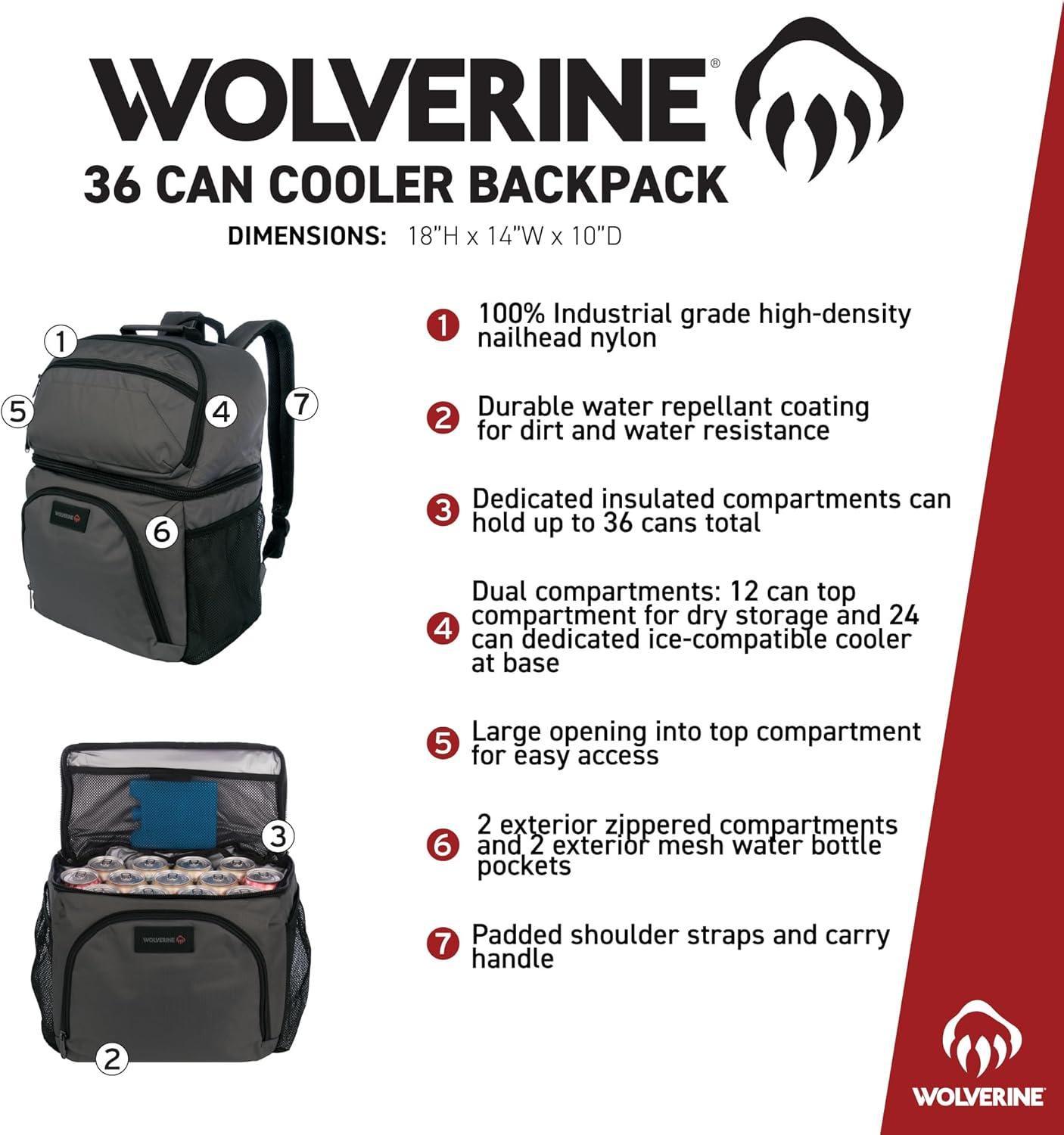 imageWolverine 36 Can Cooler Backpack with Durable Nailhead Nylon Dual Compartment Cooler ampamp Dry Storage Padded Mesh Back Panel ampamp Exterior Water Bottle PocketsBlack