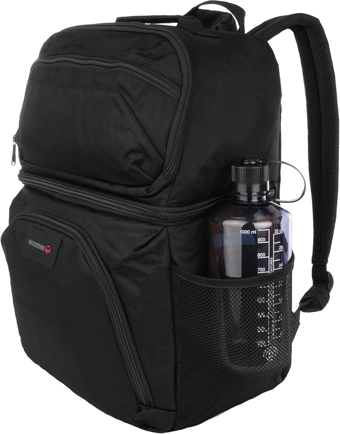 imageWolverine 36 Can Cooler Backpack with Durable Nailhead Nylon Dual Compartment Cooler ampamp Dry Storage Padded Mesh Back Panel ampamp Exterior Water Bottle PocketsBlack